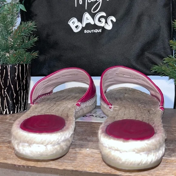 Gucci: GG Marmont Sandals Pilar Leather Espadrille Double Logo Sliders - Picture 8 of 15